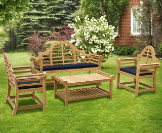 Lutyens-Style Decorative Teak Bench and Chairs Set with Coffee Table