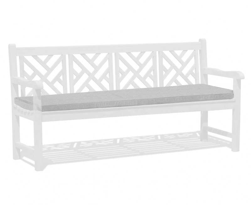 White outdoor sales bench with cushion